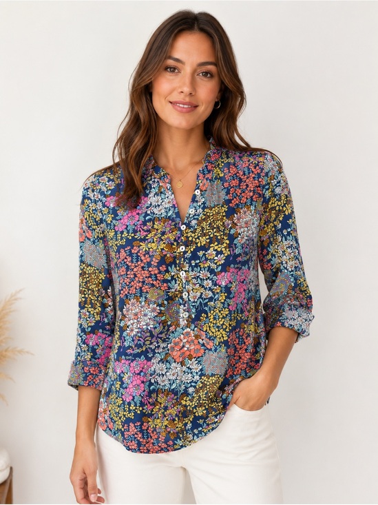Talbots Tops - Talbots Petite Ruffle Band Collar Cotton Poplin Popover Blouse Multicolor
